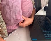 Hot Step Mother Seduces Step Son in the office, shows him milky nipples and Makes big cock Handjob from office uniform lesbian secretary