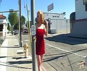 Mature guy picks up blonde in red skirt from street for blowjob and cowgirl fun from red skirt