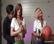 As they were playing basketball the girls got interrupted by repairmen who wanted group sex from they were playing