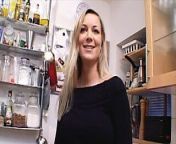 Outstanding German MILF with huge boobs dildoing her shaved muff in the kitchen from milf dildo
