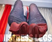 Foot tease in black nylons with white polka dots and red reinforced toes from poko rakun