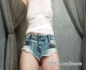 Bixanie cameltoe in jeans shorts braless transparent blouse provocatively challenging rocking from braless white