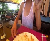 Eating burger and flashing in the cafe Transparent T-shirt No Bra (teaser) from burzzr