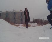 Winter street photoshoot in a fur coat on a naked body from teen nude in public