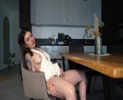 Beautiful brunette in a sexy white dress hot sucks cock and gets fucked on the table 4K 60FPS from 600x